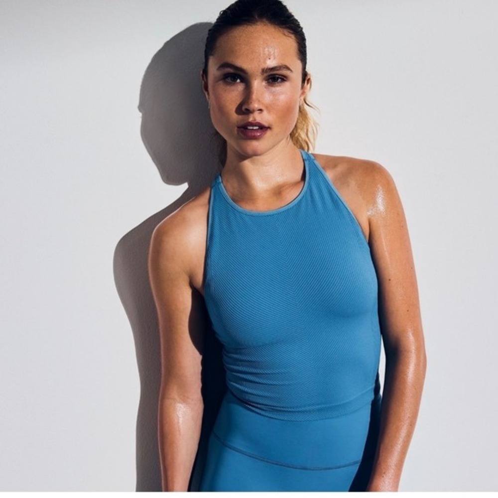 New CALIA Womens High Neck Seamless Ribbed Tank Top  Blue Low Support 2X XXL $38